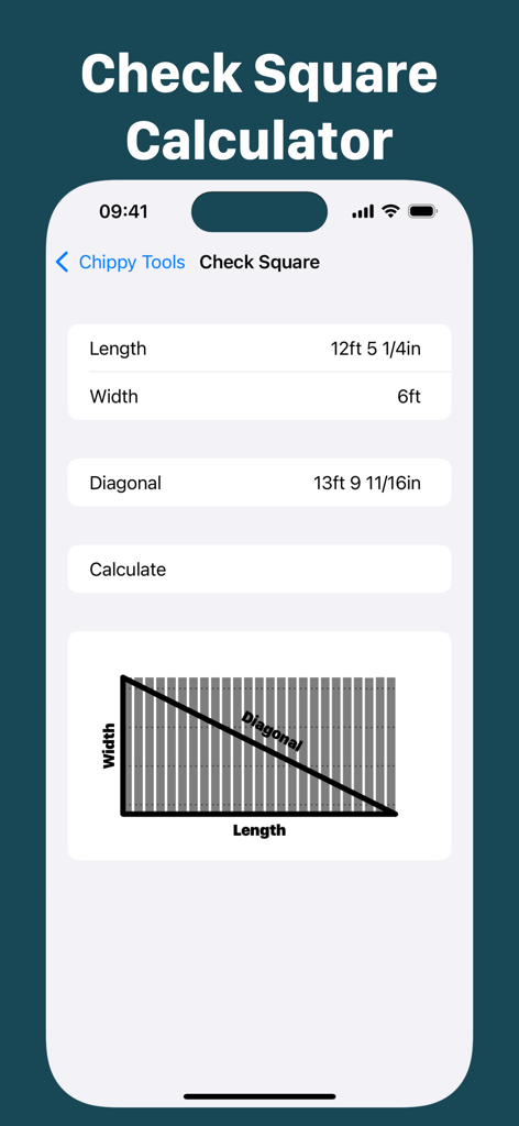 Chippy Tools: Construction - A screenshot of the Chippy Tools construction app showing the check square calculator interface with length width and diagonal measurements in feet and inches
