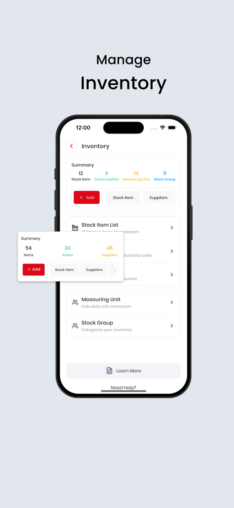 RestroX - Restaurant Software - RestroX mobile app screen displaying restaurant inventory management with stock items and supplier lists