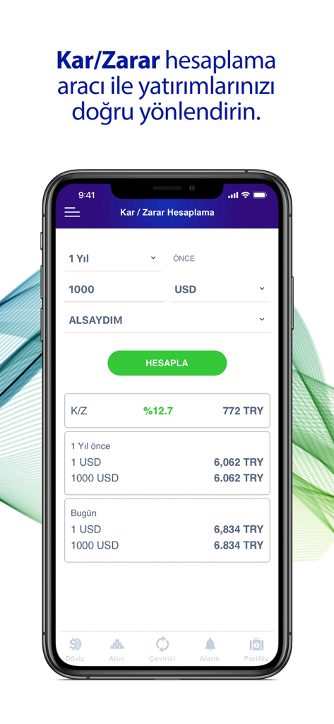 通貨と金の投資に対するHarem Altinアプリ内の損益計算ツールを示すスマートフォン。