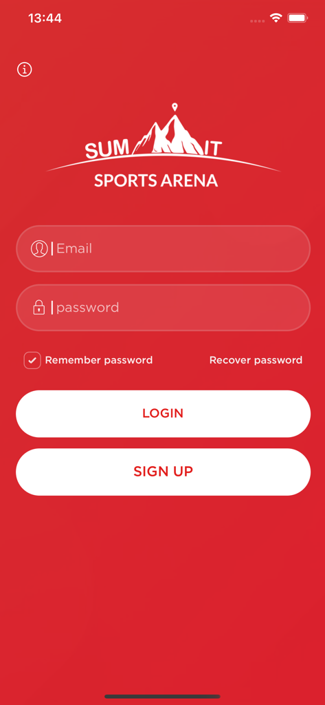 Summit Sports Arena - Login screen of the Summit Sports Arena padel booking app showing email and password fields on a red background.