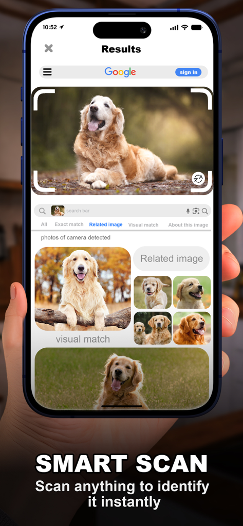 Lens: AI Scan Image & Text - Smartphone screen showing Lens AI app identifying a golden retriever dog using smart scan technology