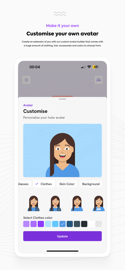 Personalized avatar customization screen in the Thruday app