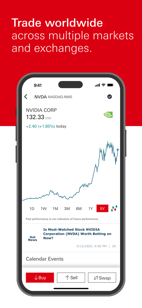 HSBC WorldTrader - HSBC WorldTrader app interface showing NVIDIA stock performance chart and trading options