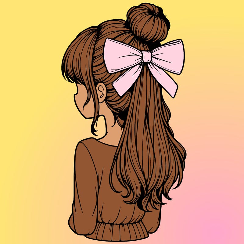realistic girl  with hip length hair a bun and a big bow on the back of head