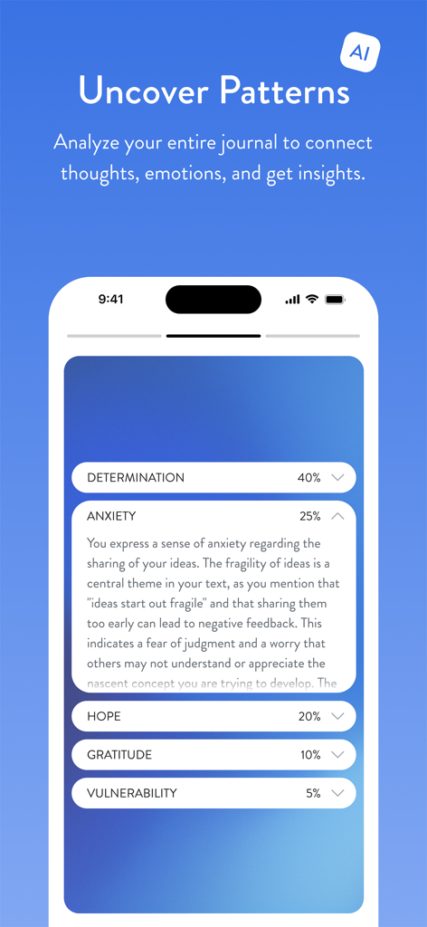 Mindsera app screen displaying AI analyzed emotional patterns including determination and anxiety percentages