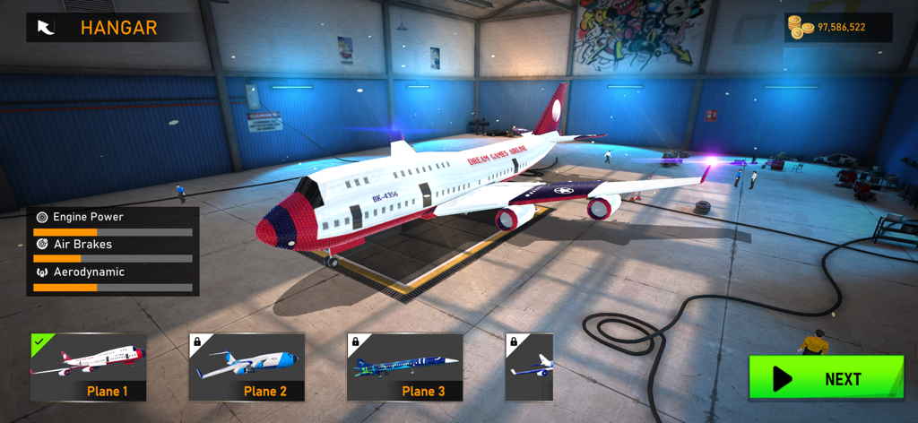 Flight Pilot Airplane Games 23 - A large white and red commercial airplane in a hangar menu with aircraft selection and flight statistics.