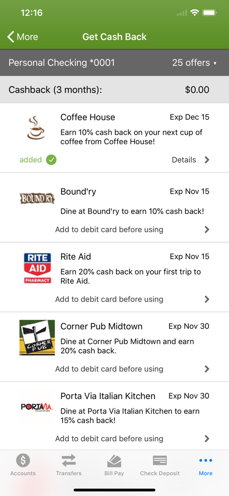 Cash back rewards screen in the OurFirstFed Mobile Banking app.
