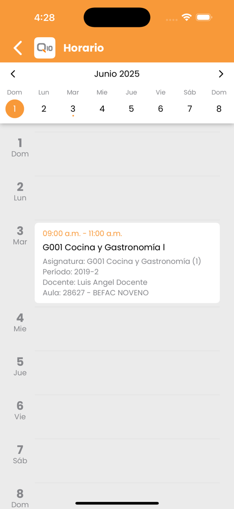Una interfaz móvil de la App Q10 que muestra el horario de clases de un estudiante con detalles específicos del curso en español