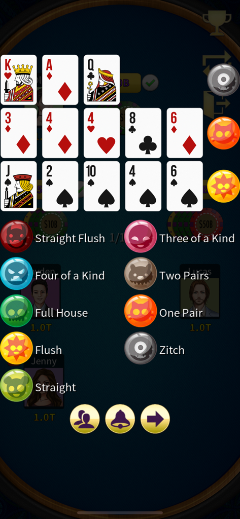 Chinese Poker game interface displaying thirteen cards and a hand ranking legend.