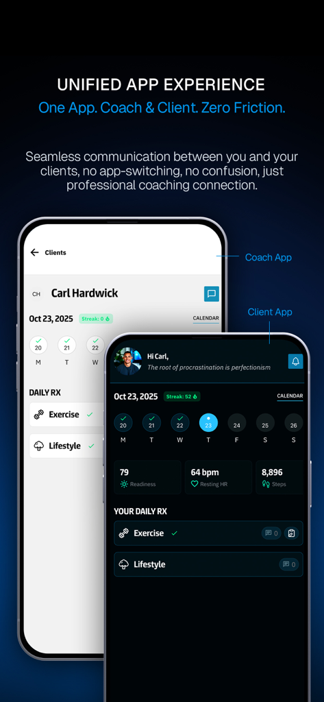 CoachRx app interface showing unified coach and client views for seamless fitness coaching communication