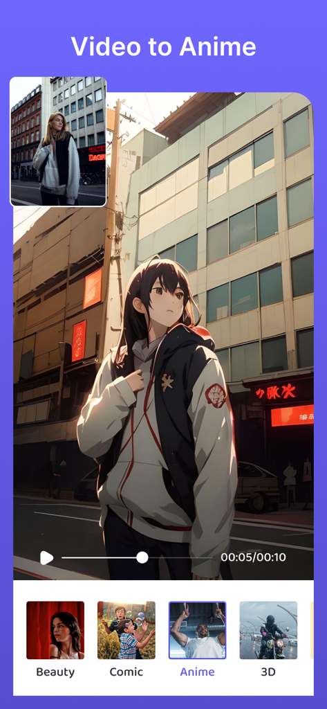 Video Eraser - Remove Object - Captura de tela do recurso Video to Anime mostrando uma pessoa real transformada em personagem de anime com várias opções de estilo como Beleza, Quadrinhos e 3D.