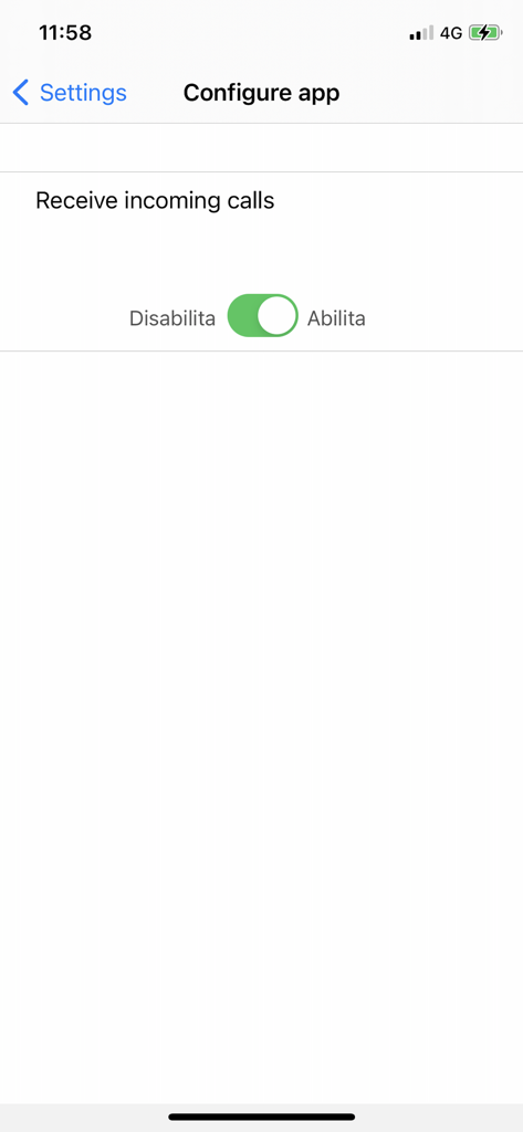 Urmet CallMe - Una pantalla de configuración en la app Urmet CallMe mostrando un interruptor para habilitar o deshabilitar las llamadas entrantes a la puerta