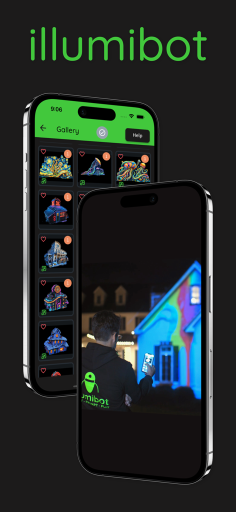 illumibot - Illumibot app interface with art gallery and house projection display