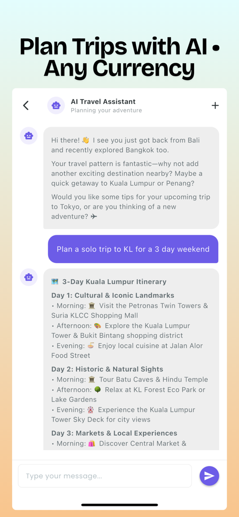 Assistente de Viagens com IA planejando um roteiro de viagem de 3 dias no aplicativo Expense Easy.