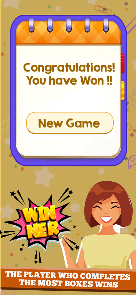 Victory screen of the Dots and Boxes game with a congratulations message and a happy cartoon character.