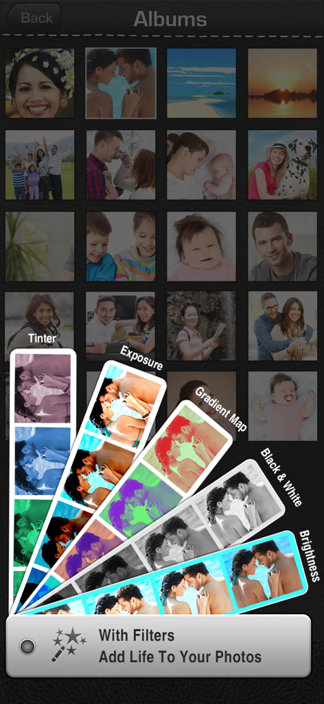 Photo album gallery with a filter selection menu showing options like Black and White and Exposure.