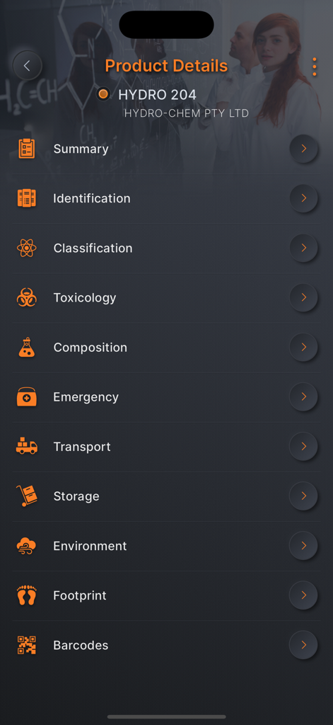 ChemAlert app interface displaying a list of chemical product information categories including Toxicology, Composition, Emergency, and Transport.