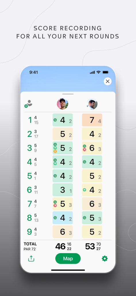 TAG Heuer Golf - GPS & 3D Maps - Digital scorecard in the TAG Heuer Golf app showing performance tracking for multiple players on a 9 hole round