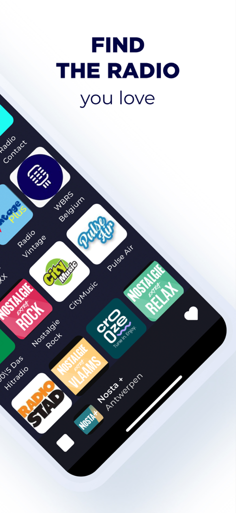 Radio Belgium FM Live Online - A mobile screen showing a variety of Belgian radio station logos like Nostalgie and Radio Stad with the text find the radio you love