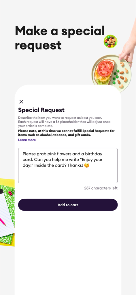 Shipt: Order Grocery Delivery - Interfaz de la aplicación Shipt que muestra la función de solicitud especial para instrucciones de compra personalizadas