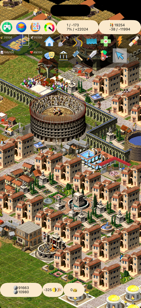 CTMayor - City Simulation - Top-down isometric view of a thriving ancient Roman city with a Colosseum and classic architecture in CTMayor simulation