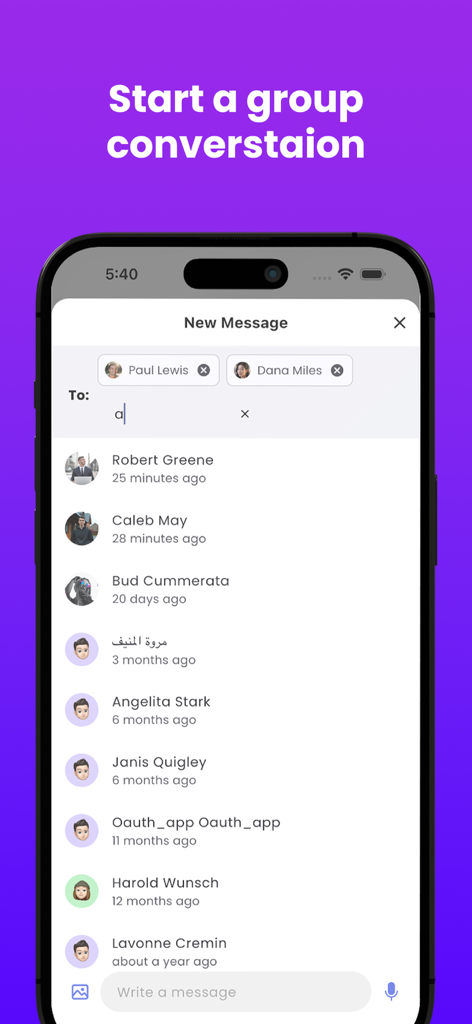 Sngine Messaging - Sngine Messaging app interface showing the screen to start a new group conversation with selected contacts and a contact list.