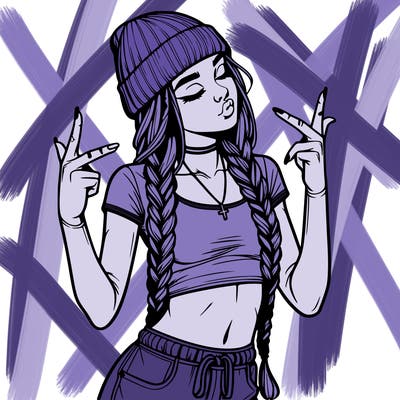 realistic teenage girl with braids and a beanie and crop top doing 🫶🏼