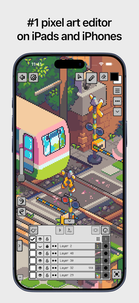 Pixel art being created in the Pixquare app on a mobile phone showing tools and layers