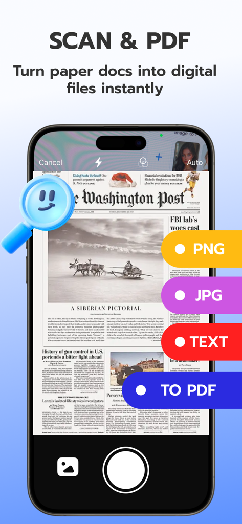 スマートフォンのインターフェース。新聞がスキャンされ、PDFまたは画像形式に変換されている様子が表示されています。