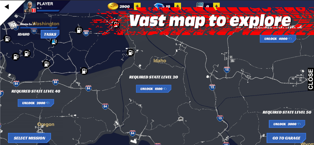 Eine riesige USA-Karte zum Erkunden in Truck Simulator PRO USA, die Staaten und Autobahnen zeigt