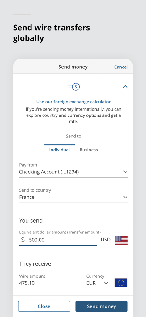 J.P. Morgan Mobile - Interface of the J.P. Morgan Mobile app showing a screen for sending international wire transfers with a built-in currency converter.