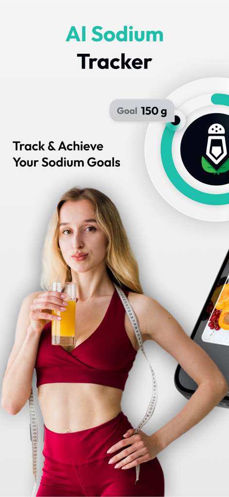 Sodium Tracker & Counter - STX - Woman in fitness attire tracking salt intake with the AI Sodium Tracker app