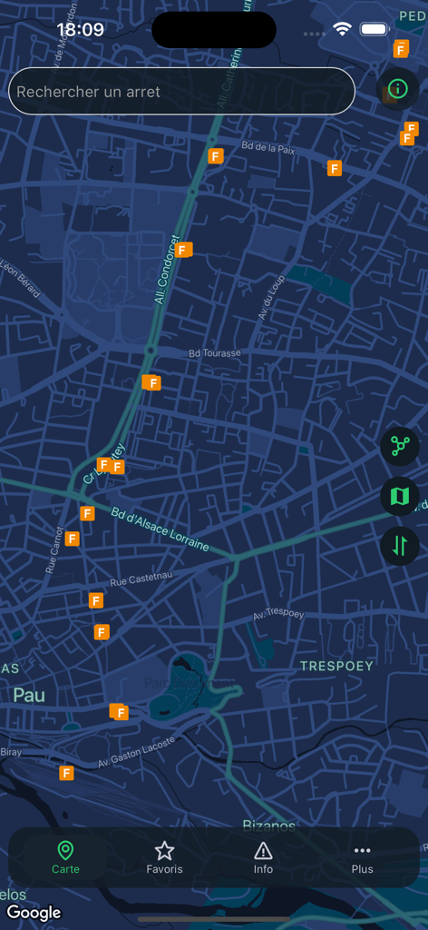 IDELight - Dark mode map interface of the IDELight app showing Idelis bus stops in Pau France