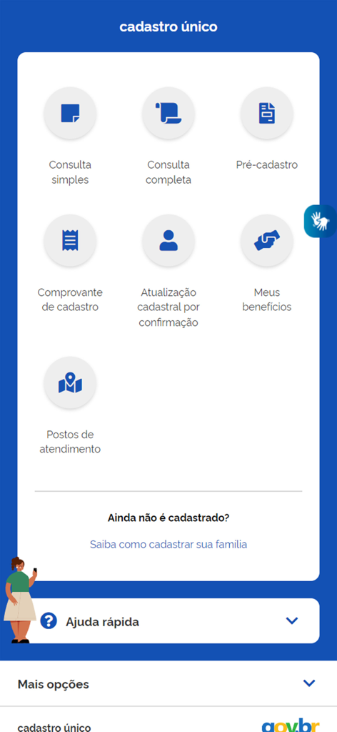 Menú principal de la aplicación Cadastro Unico que muestra iconos para el estado del registro y los beneficios sociales