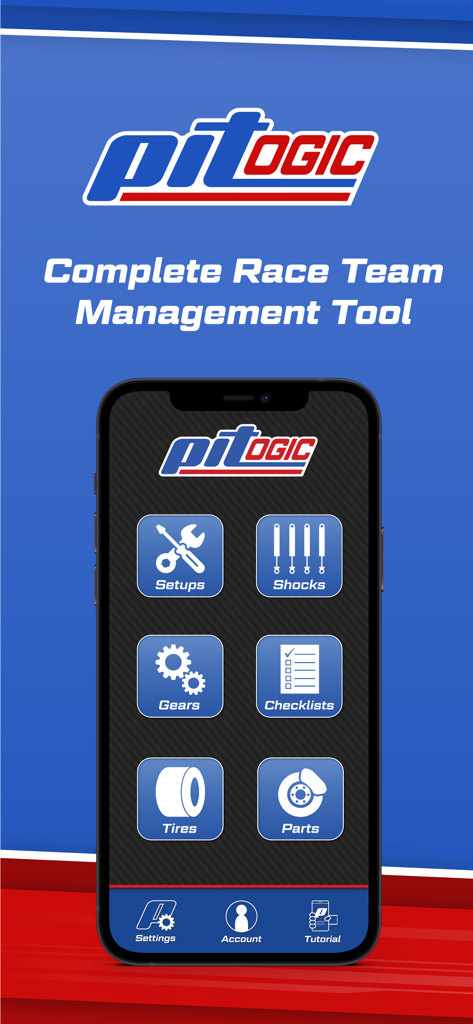 PitLogic - PitLogic app home screen showing race team management tools for setups shocks gears and tires