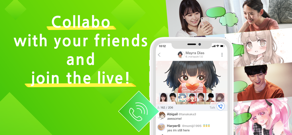 Twitcast Viewer app interface showing the Collabo feature with live streaming and real-time comments