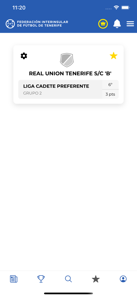 FIFT APP - FIFT app screen displaying the league ranking and points for the Real Union Tenerife youth team