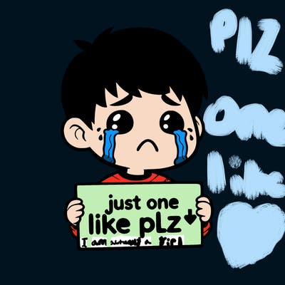 realistic crying boy with a sign saying just one like plz