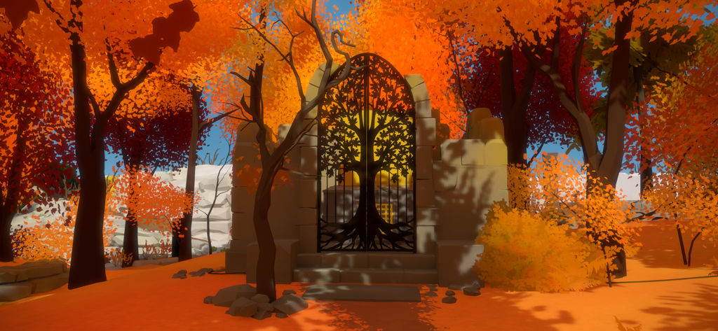 Una puerta decorativa en forma de árbol en un bosque vibrante de color naranja del juego The Witness