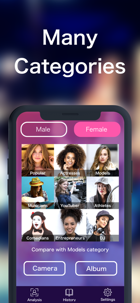 Look alike - Celebrity - A mobile app interface displaying multiple celebrity categories such as actresses models and musicians for face matching analysis