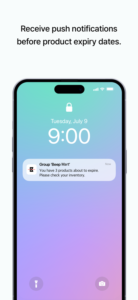 iPhone lock screen displaying a BEEP app push notification for products about to expire