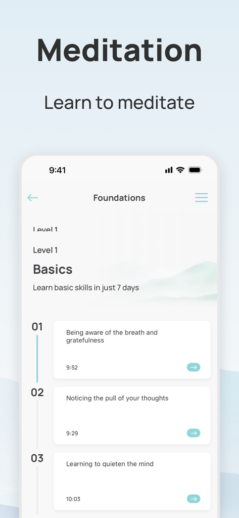Serenity meditation app foundations screen showing level 1 basics course