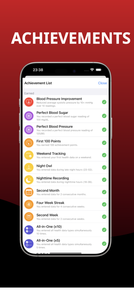 Blood Pressure Log – HealthLog - A list of earned health achievements in the HealthLog app showing milestones for blood pressure improvements and consistent logging streaks