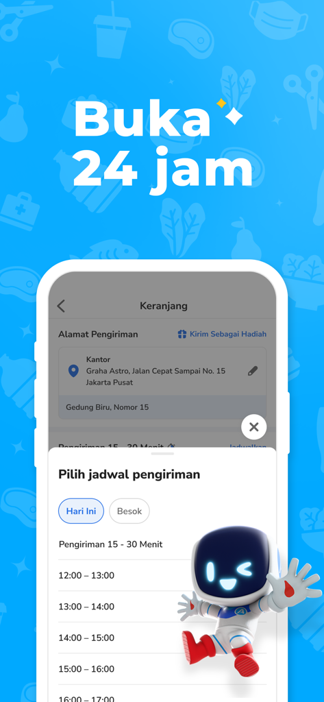 Astro - Groceries in Minutes - Astro app interface showing delivery schedule options and 24 hour availability message
