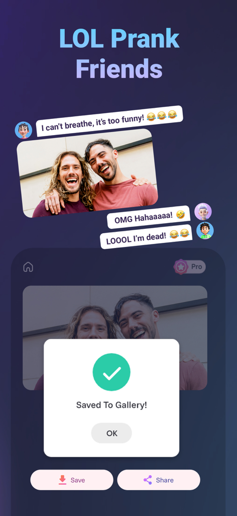 Face Dance,AI Face Swap :Lipix - Lipix app screen showing a saved funny photo prank with chat reactions and share options