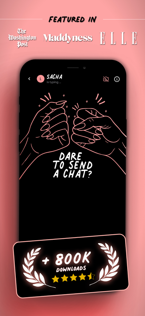 Hush anonymous chat app interface with 800k downloads and press features