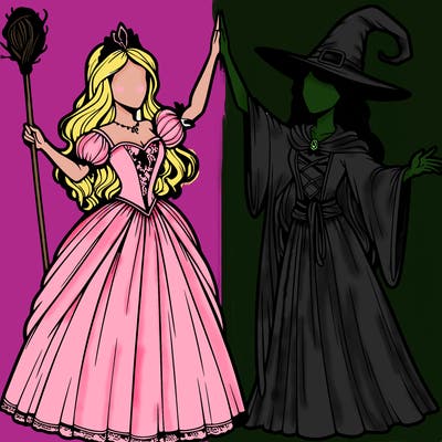 detailed realistic split of a princess and a witch