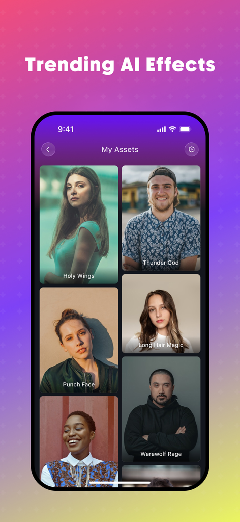 VidEffect: AI Video Effects - Tela do aplicativo móvel VidEffect exibindo efeitos de vídeo IA em tendência como Deus do Trovão e Fúria do Lobisomem em retratos de usuários.