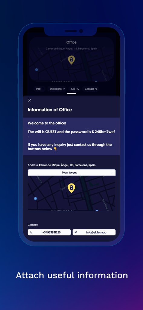 Akiles mobile app screen displaying office information including guest wifi password location map and contact details