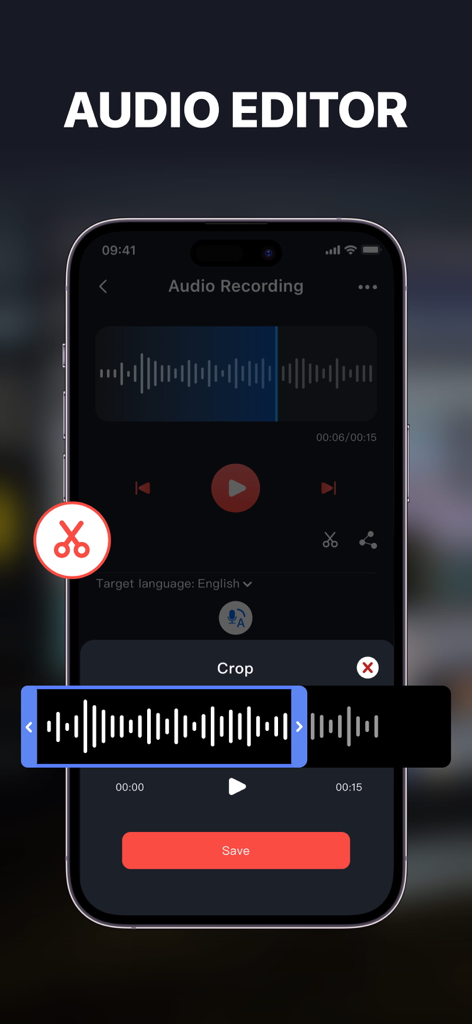 Dictaphone - Voice Recorder . - Audio editor interface showing a voice recording waveform being trimmed with a crop tool